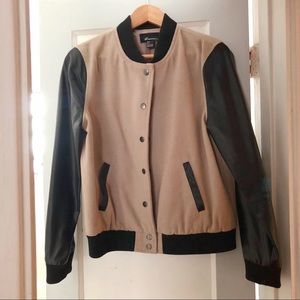 Tan Bomber Jacket with Faux Leather Sleeves!
